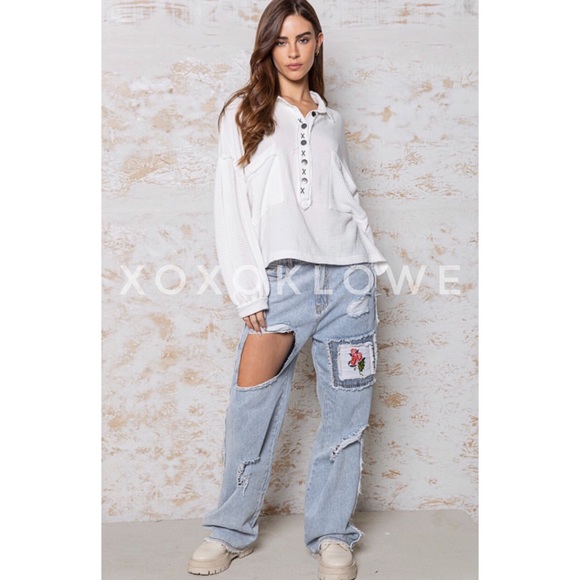 POL Retro 90s Distressed Relaxed Fit Jeans Patches Cutouts - Picture 3 of 16